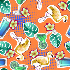 Summer seamless bright pattern with flamingo and cocktail. Zine Culture style summer background