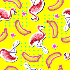 Summer seamless bright pattern with flamingo and banana. Zine Culture style summer background