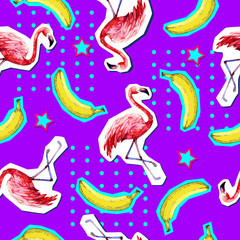 Summer seamless bright pattern with flamingo and banana. Zine Culture style summer background © annbozhko