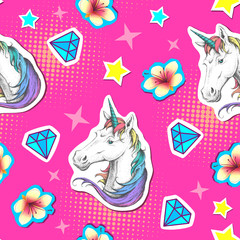 Summer seamless bright pattern with unicorn. Zine Culture style summer background