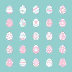 Easter food flat icons set. Painted eggs, egg hunt vector illustrations. Thin signs christianity traditional celebration. Blue, pink, white color