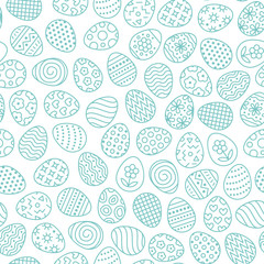 Easter seamless pattern with flat line icons of painted eggs. Egg hunt vector illustrations, christianity traditional celebration wallpaper. Blue, white color