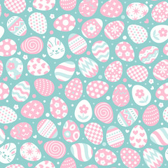 Easter seamless pattern with flat icons of painted eggs. Egg hunt vector illustrations, christianity traditional celebration wallpaper. Blue, pink, white color