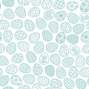 Easter Seamless Pattern With Flat Line Icons Of Painted Eggs. Egg Hunt Vector Illustrations, Christianity Traditional Celebration Wallpaper. Blue, White Color