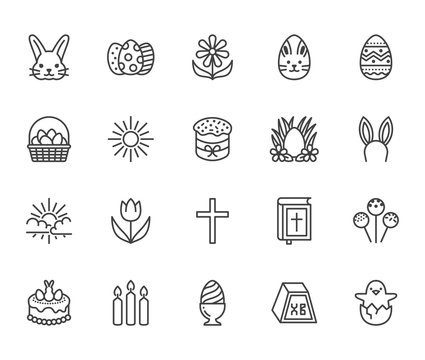 Easter flat line icons set. Colored eggs, basket, egg hunt, rabbit, spring flowers, bible, cake vector illustrations. Thin signs christianity celebration. Pixel perfect 64x64 Editable Strokes