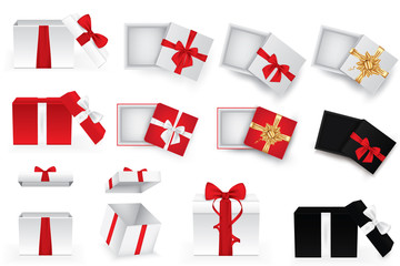 Set of square open gift boxes with satin ribbons and bows.