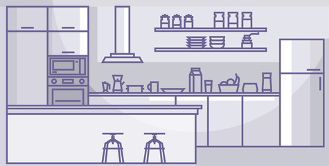 Modern kitchen interior Home indoors kitchen appliances furniture Linear vector illustration.