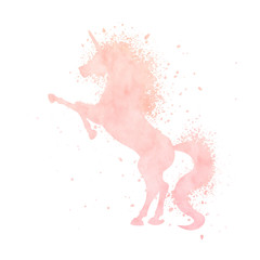 Watercolor unicorn silhouette painting with splash texture isolated on white background. Cute pink magic creature vector illustration. - 248642718