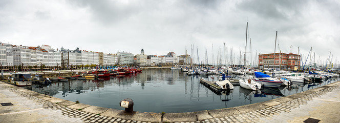 Port marina and buildings in center of Coruna Spain.
