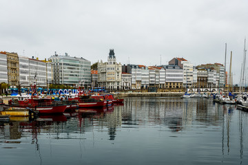 Port marina and buildings in center of Coruna Spain.