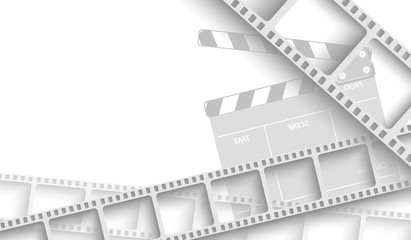 Abstract background with white film strip frame and clapperboard isolated on white background. Design template cinema with space for your text. Movie time concept. 3d style.Vector illustration EPS 10.