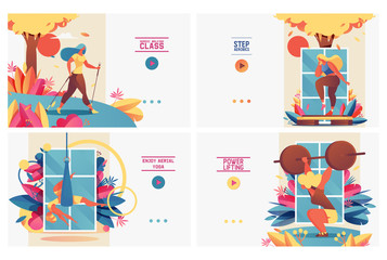 Vector set sport lifestyle banners with young active women doing step aerobics, power lifting with barbell, nordic walking and aerial yoga training. Pastel modern landing page concept templates