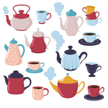 Teapot And Cup Collection. Cartoon Water Kettle And Porcelain Cups With Tea. Kitchenware Vector Set. Teapot Of Cup, Tea Drink Illustration