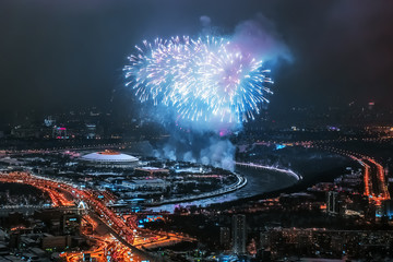 blue firework over the moscow luzhniki roof top view