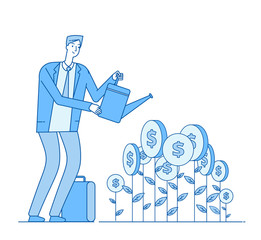 Finance return on investment. Happy investor grows easy money investments. Business opportunity finance dividends vector concept. Illustration of investment growth, profit money