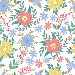 Spring flowers seamless patten. Garden summer flower motif floral texture vector backgrond. Background seamless color flower illustration