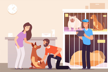 Homeless animals. People in shelter with pet cats and dogs in cages. Vector concept pet homeless, dog help and care illustration