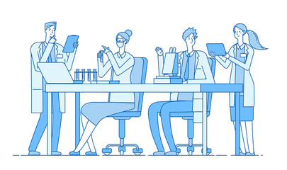 Scientists in lab. Research team chemist doctors analysis microscope in laboratory. Medical education bioengineering vector concept. Medical lab scientist, laboratory experiment illustration