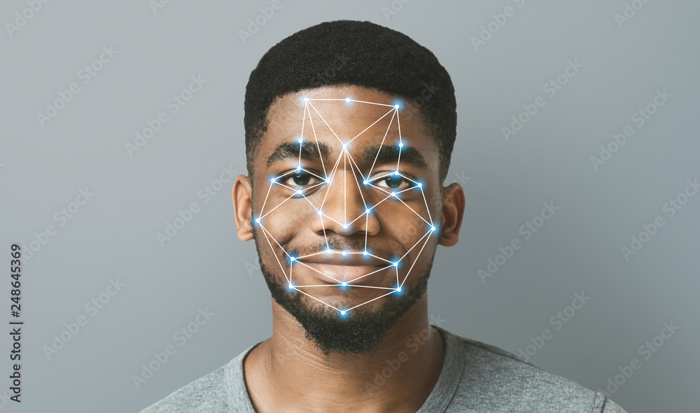 Poster futuristic and technological scanning of face for facial recognition