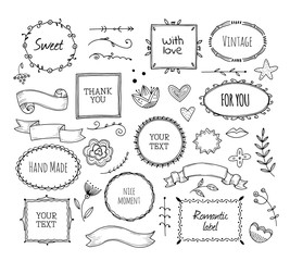 Scrapbook sketch elements. Doodle square borders decorative banner hand drawn photo frame fashion ribbons vintage cartoon vector set. Illustration of photo frame doodle, scribble scrapbook