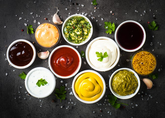 Sauce set assortment - mayonnaise, mustard, ketchup and others t