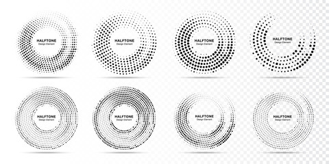 Halftone circle dotted frame circularly distributed. Abstract dots logo emblem design element. Round border Icon using random halftone circle dot raster texture. Half tone circular background pattern.