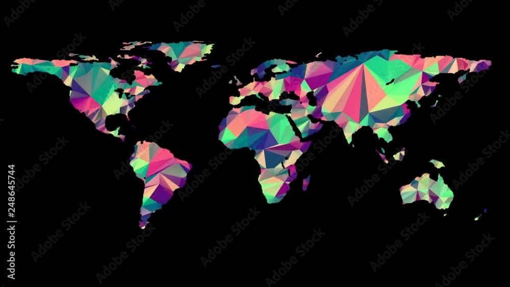 Wall mural polygonal multicolored earth map. seamless looped animation with alpha-matte. 4k.