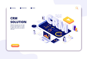 Crm concept. Customer relationship management. Business system solution. Client support landing page. Crm business marketing, management and strategy illustration - obrazy, fototapety, plakaty