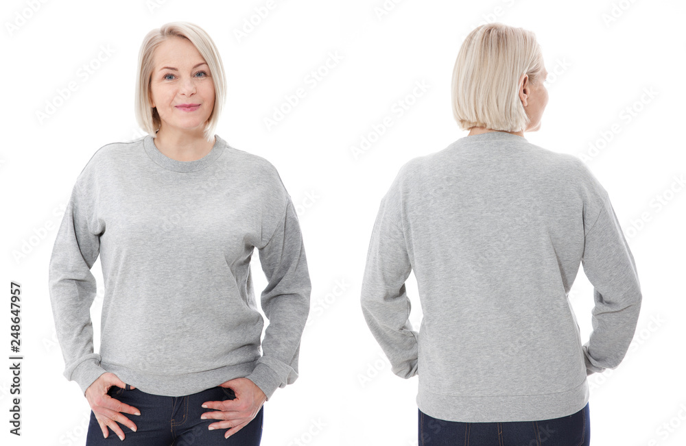 Wall mural Shirt design and fashion concept. Woman in gray sweatshirt front and rear, gray hoodies, blank isolated on white background - Wall murals
