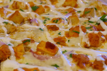 Close up view on a tasty chicken pizza with a lot of cheese and chicken with small onion pieces