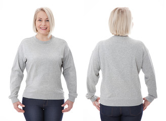 Shirt design and fashion concept. Woman in gray sweatshirt front and rear, gray hoodies, blank...
