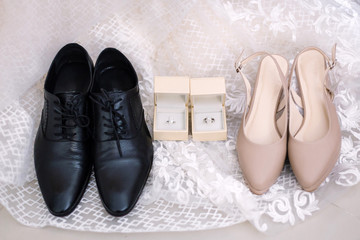 bride and groom accessories preparation for wedding concept.