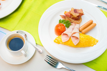 Breakfast set and hot black coffee