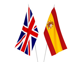 National fabric flags of Great Britain and Spain isolated on white background. 3d rendering illustration.