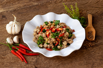 Pork chop fried with basil leaf , favorite food of Thailand  