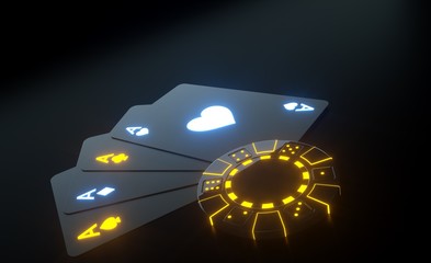 Playing Cards And Casino Chip With Futuristic Glowing Neon Lights Isolated On The Black Background - 3D Illustration