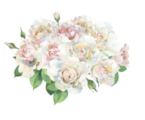 Obraz na płótnie Canvas A bouquet of pink and white roses on a white background. For congratulations and invitations, weddings, birthday, mom's day.