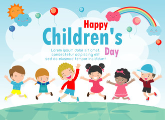 Happy children's day background poster with happy kids vector illustration