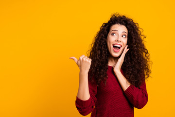 Close up photo beautiful cheerful amazing her she lady showing way one arm thumb other cheek...