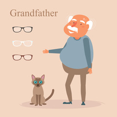 Grandfather and Siamese cat. Glasses Vector. Cartoon. Isolated art