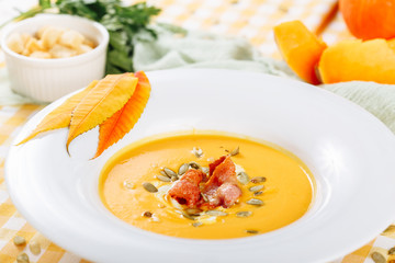 Pumpkin Cream Soup Healthy Lunch Closeup Side View