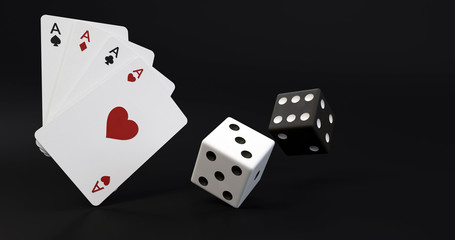 Four Aces And Dices Isolated On The Black Background - 3D Illustration