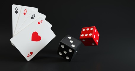 Four Aces And Dices Isolated On The Black Background - 3D Illustration