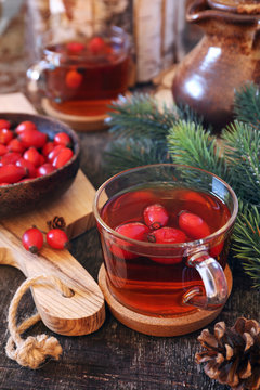 Healthy Hot Winter Beverage. Rose Hip Tea And Berries