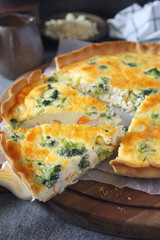 French cuisine, crab sticks quiche with broccoli  and grated cheese