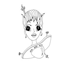 The face of a female alien, ufo. Hand-drawn psychedelic print