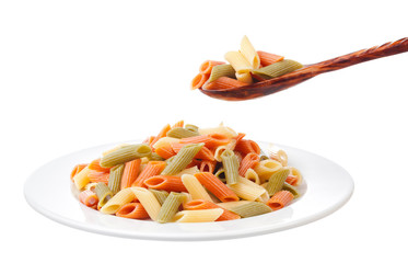 Penne rigate in porcelain bowl isolated on white background