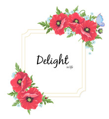 Poppy flowers in watercolor style in a circle with text isolated on white for floral and wedding decoration, seasonal sales, design, invitations, banners, posters, postcards.