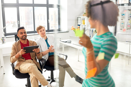 business, startup, planning and people concept - woman at glass board showing something to creative team at office presentation