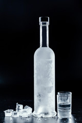 Bottle of cold vodka on dark background